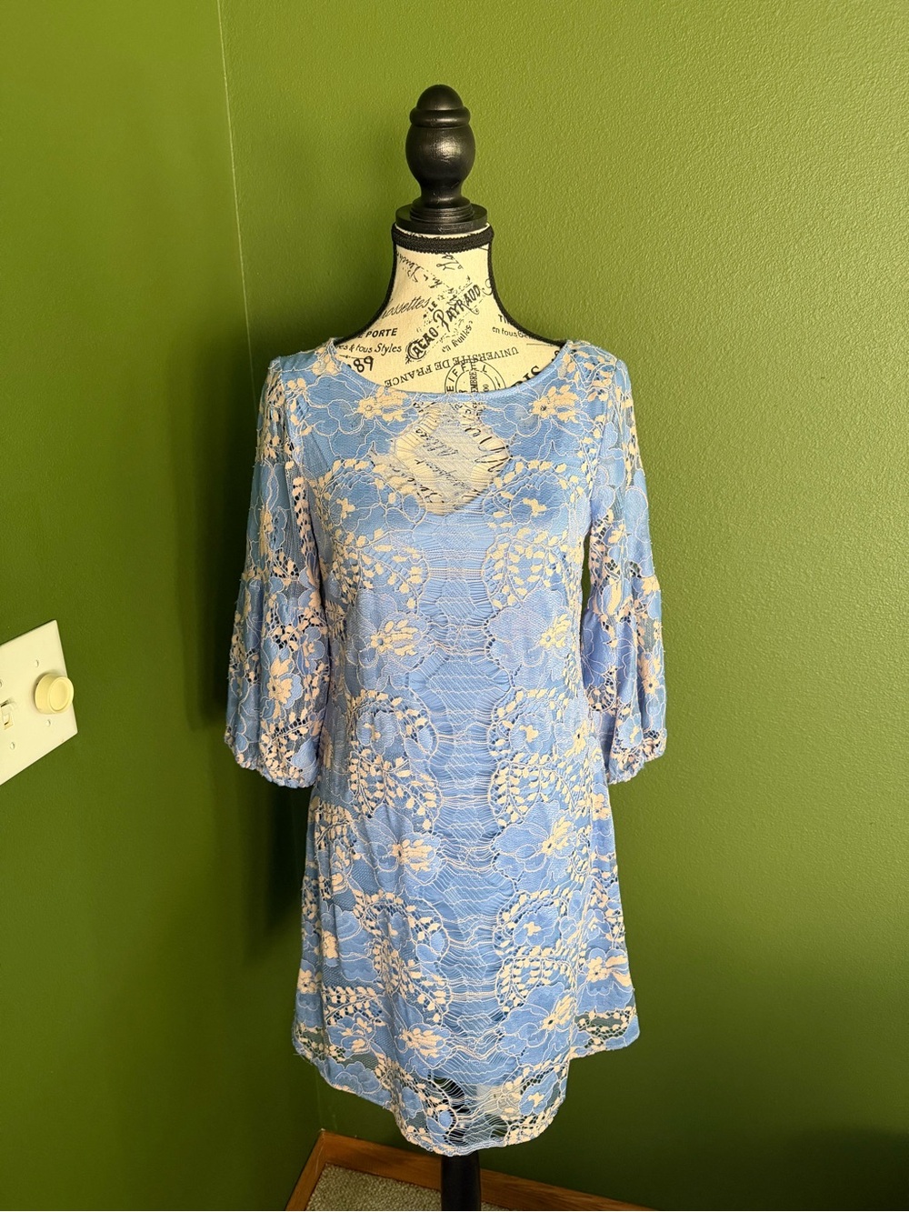 Gabby Skye Light Blue Lace Dress with Cream Floral Overlay